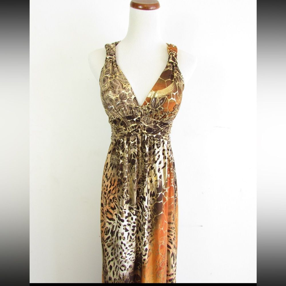 Small Hawaiian Clothing Brown Black Animal Print Full Length Sleeveless Dress - Picture 8 of 8